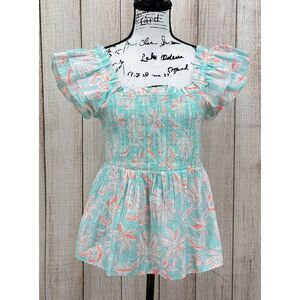 Vineyard Vines Mint Green & Coral Tropical Smocked Peplum Blouse